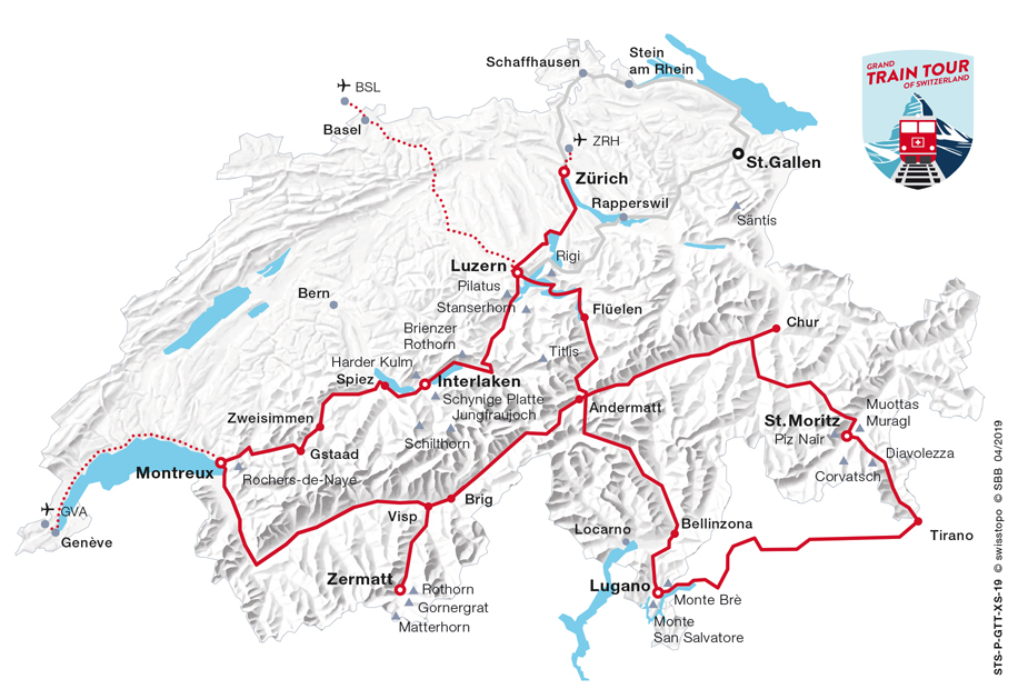 Cartina del Grand Train Tour of Switzerland